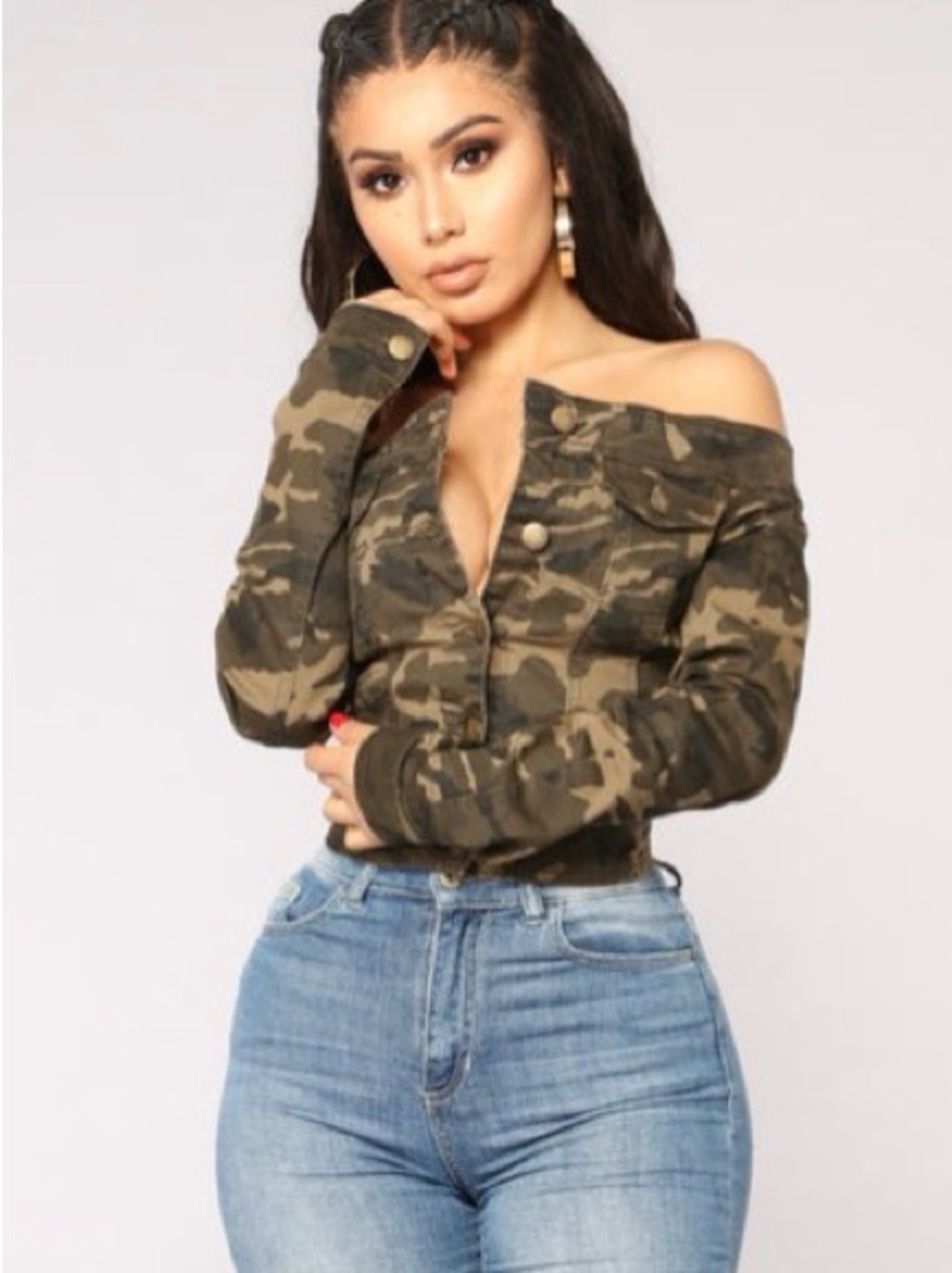 American Bazi Off-Shoulder Camouflage Jacket - Olive Green
